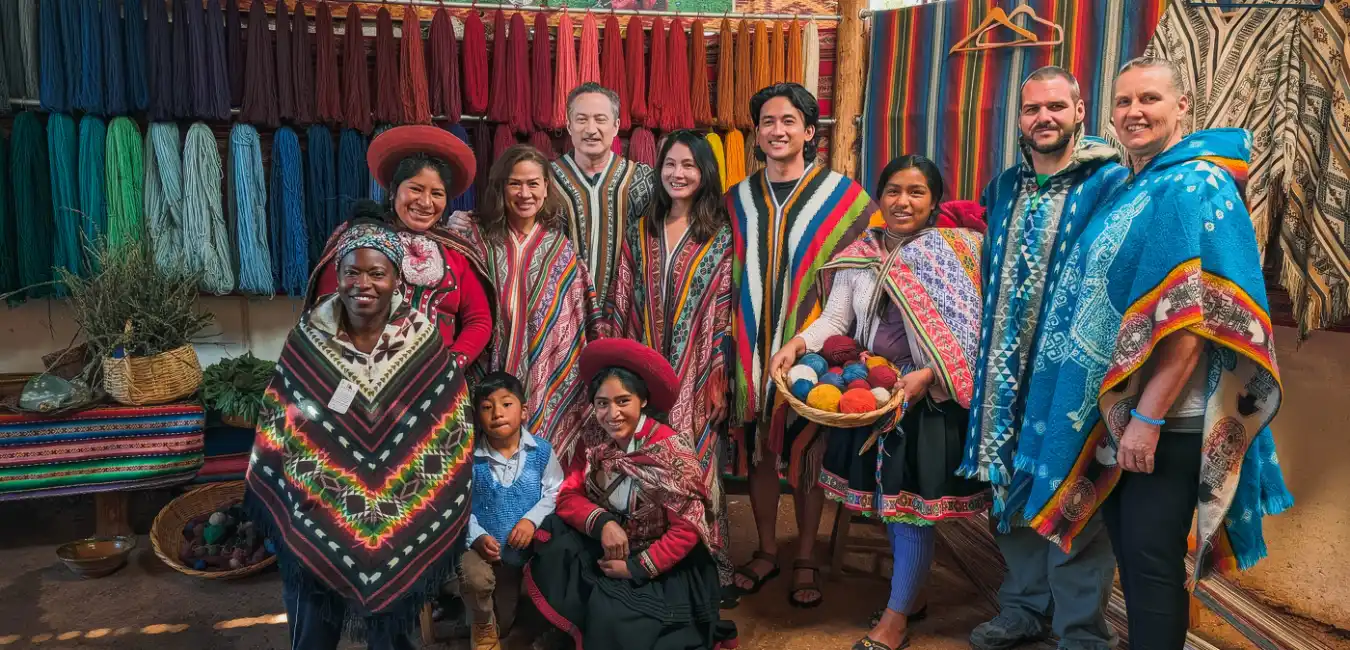 Tour group posing with local Andean weavers in the Sacred Valley