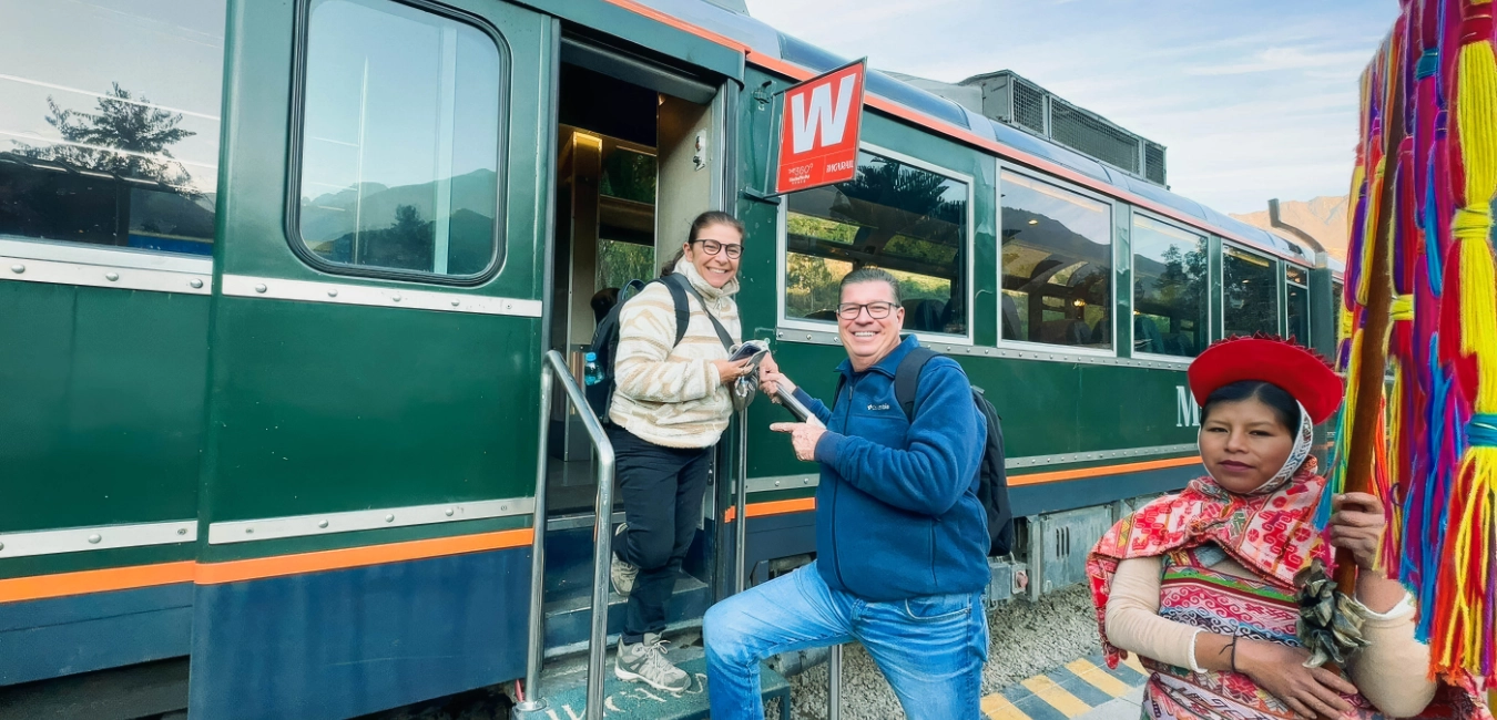 Travelers boarding the PeruRail train to Machu Picchu