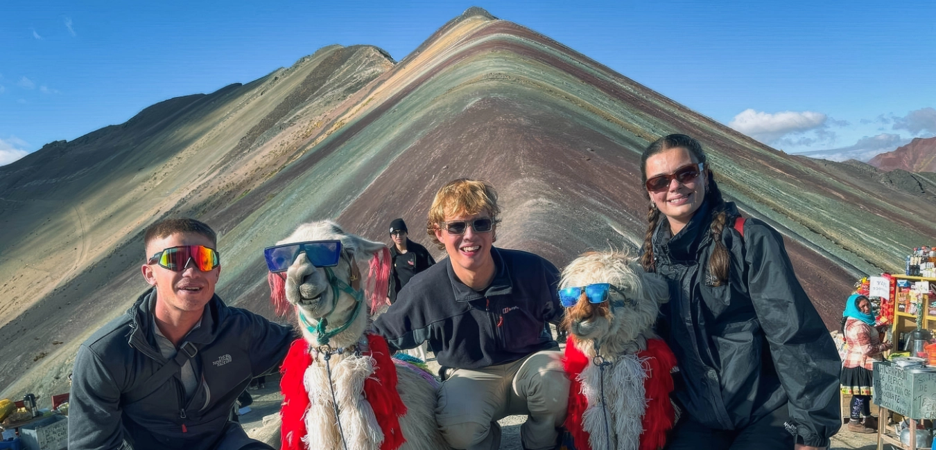 Group with llamas on Rainbow Mountain full day tour from Cusco