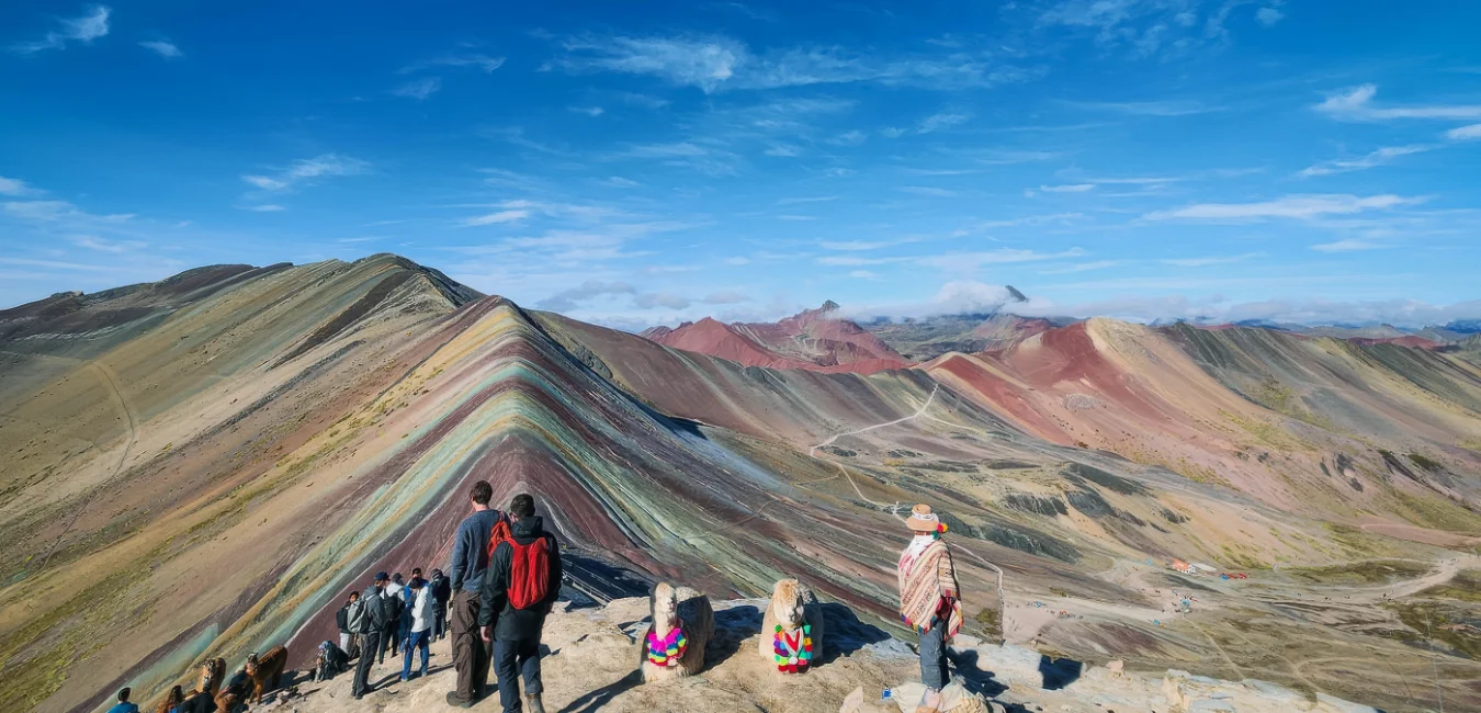 Tourist with alpacas on Rainbow Mountain full day tour from Cusco