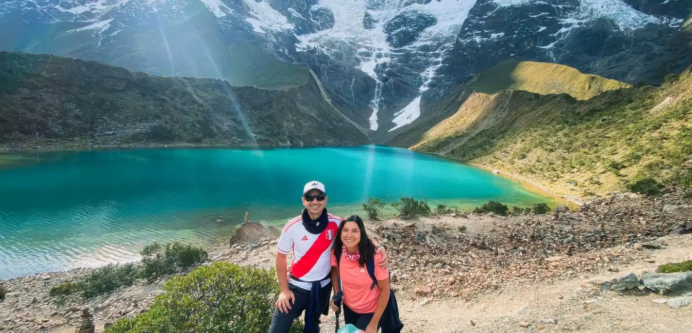 Hikers at Humantay Lake on Salkantay Trek