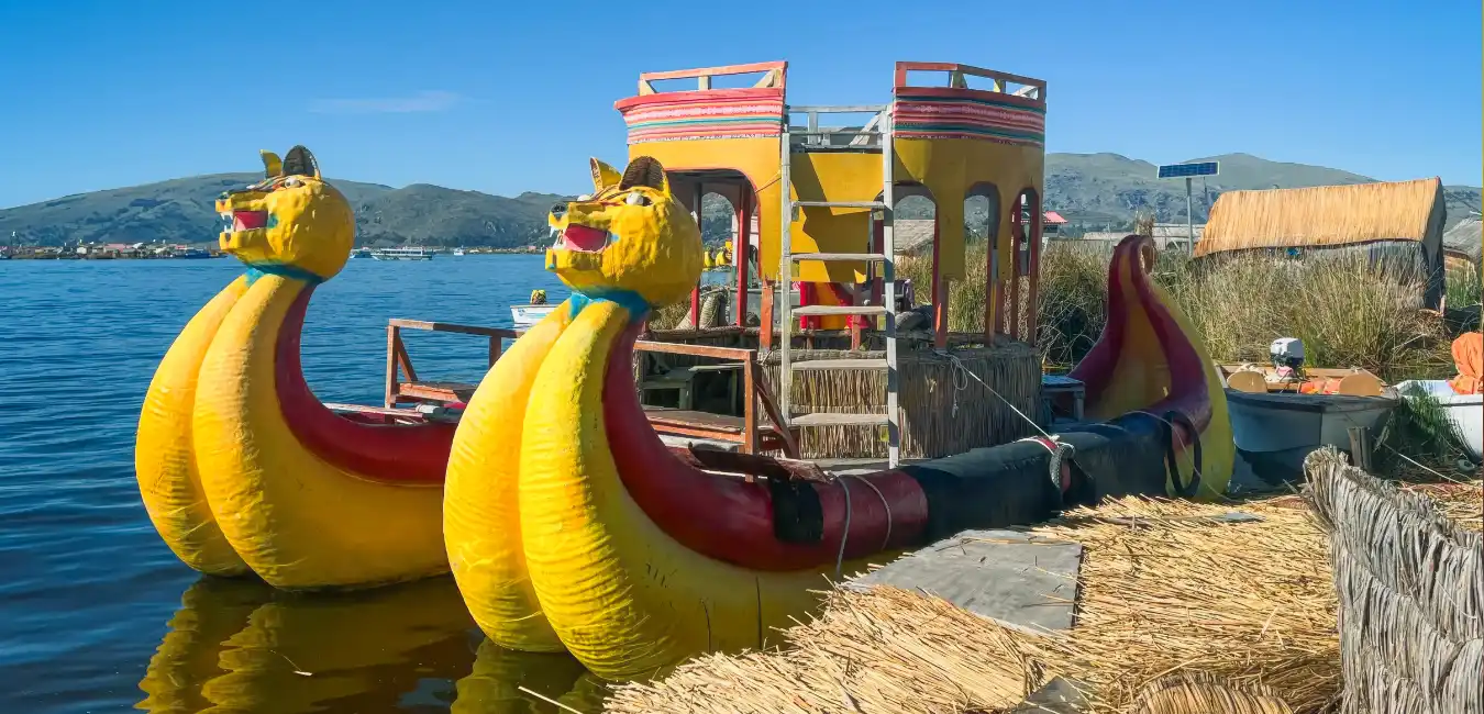 Traditional reed islands of the Uros people on Lake Titicaca in Puno