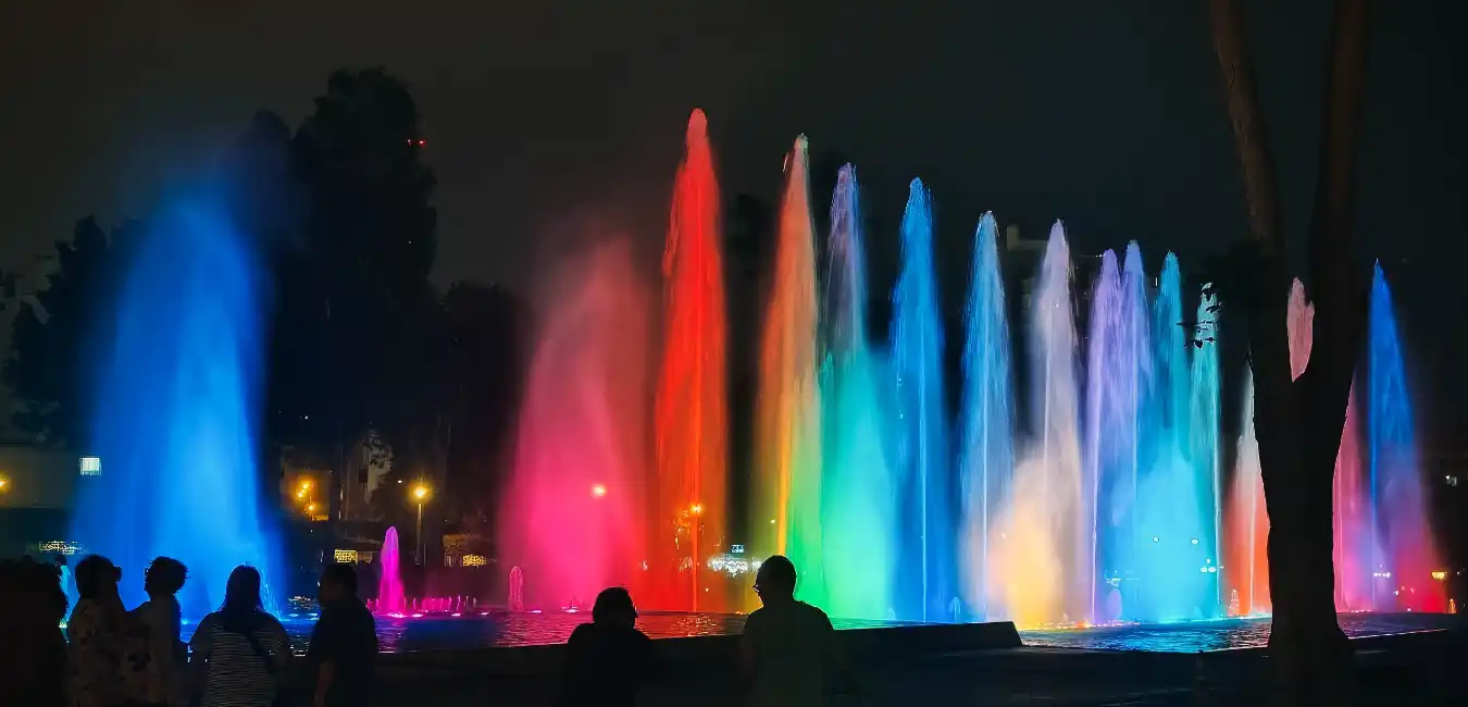 Colorful illuminated fountains at Lima's Magic Water Circuit at night 