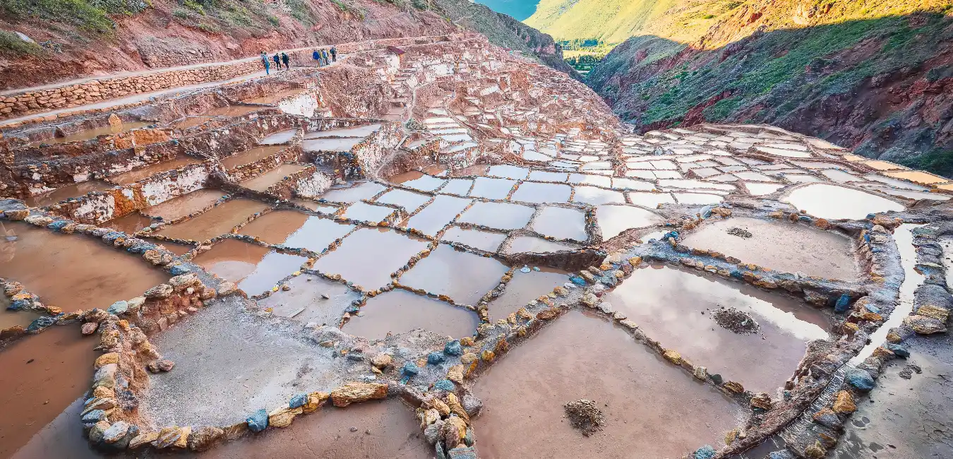 Panoramic view of the Maras Salt Mines in Cusco, Peru