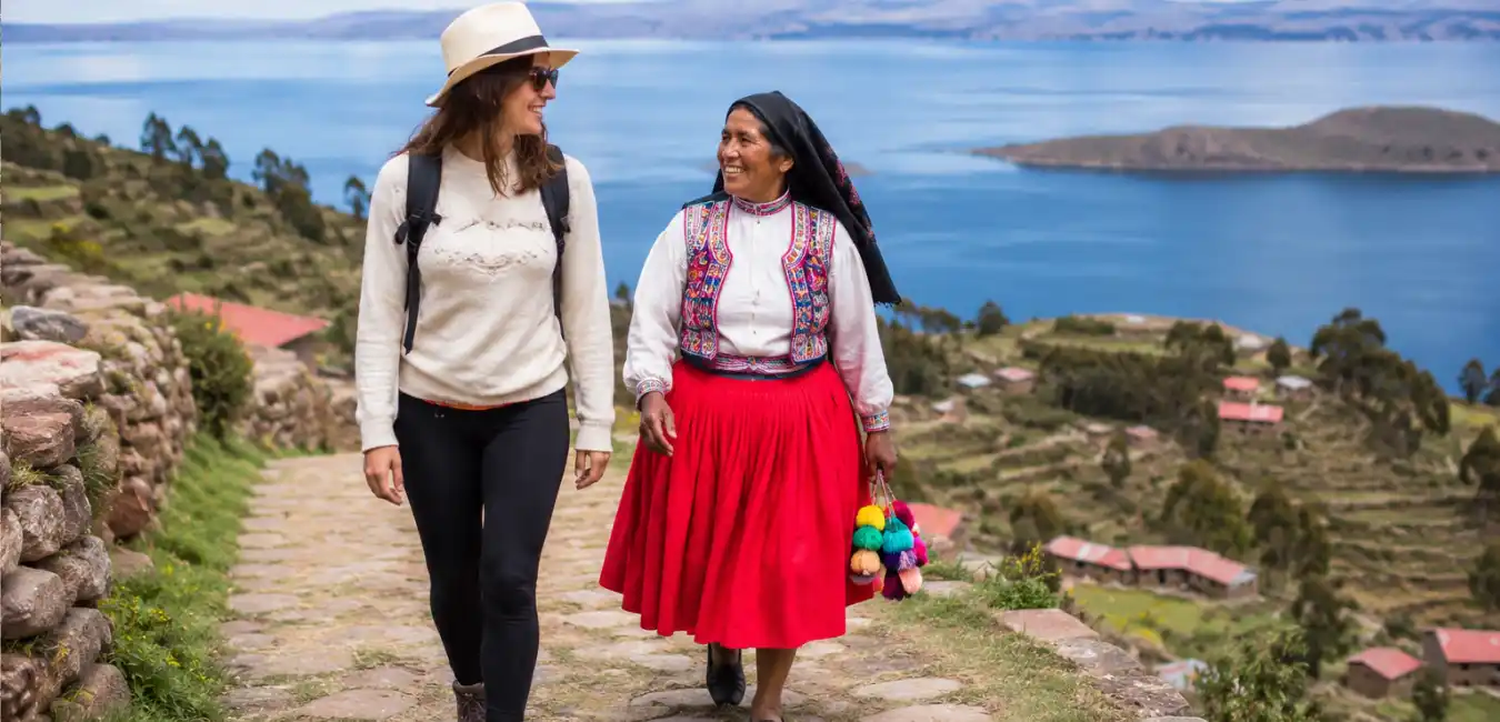 Tourist walking with a local Taquile community  