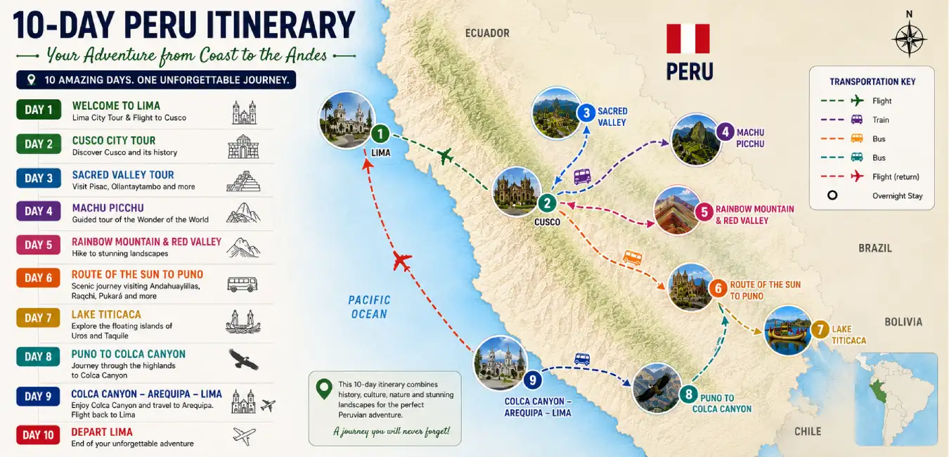 Map of Peru showing a 10-day travel itinerary from Lima to Paracas, Nazca, Arequipa, Colca Canyon, Lake Titicaca, Cusco, and Machu Picchu with the recommended travel route.