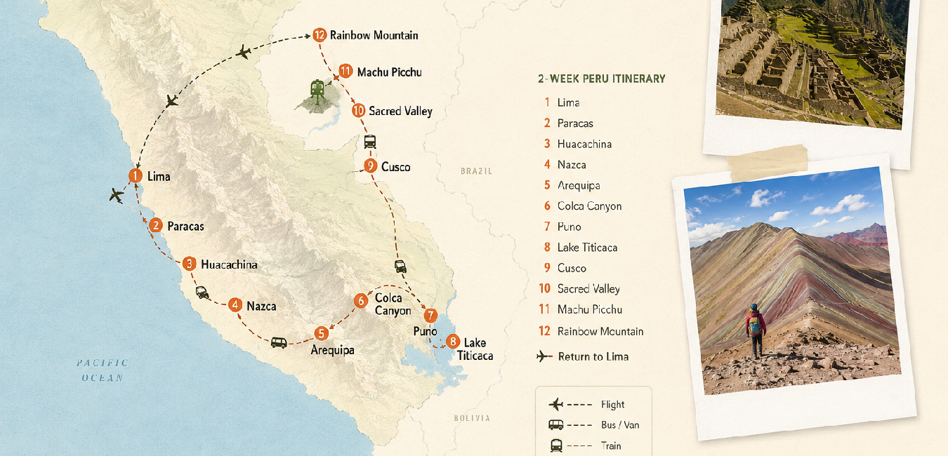 Illustrated map showing a 2-week Peru travel itinerary including Lima, Paracas, Huacachina, Nazca, Arequipa, Colca Canyon, Lake Titicaca, Cusco, Sacred Valley, Machu Picchu, and Rainbow Mountain