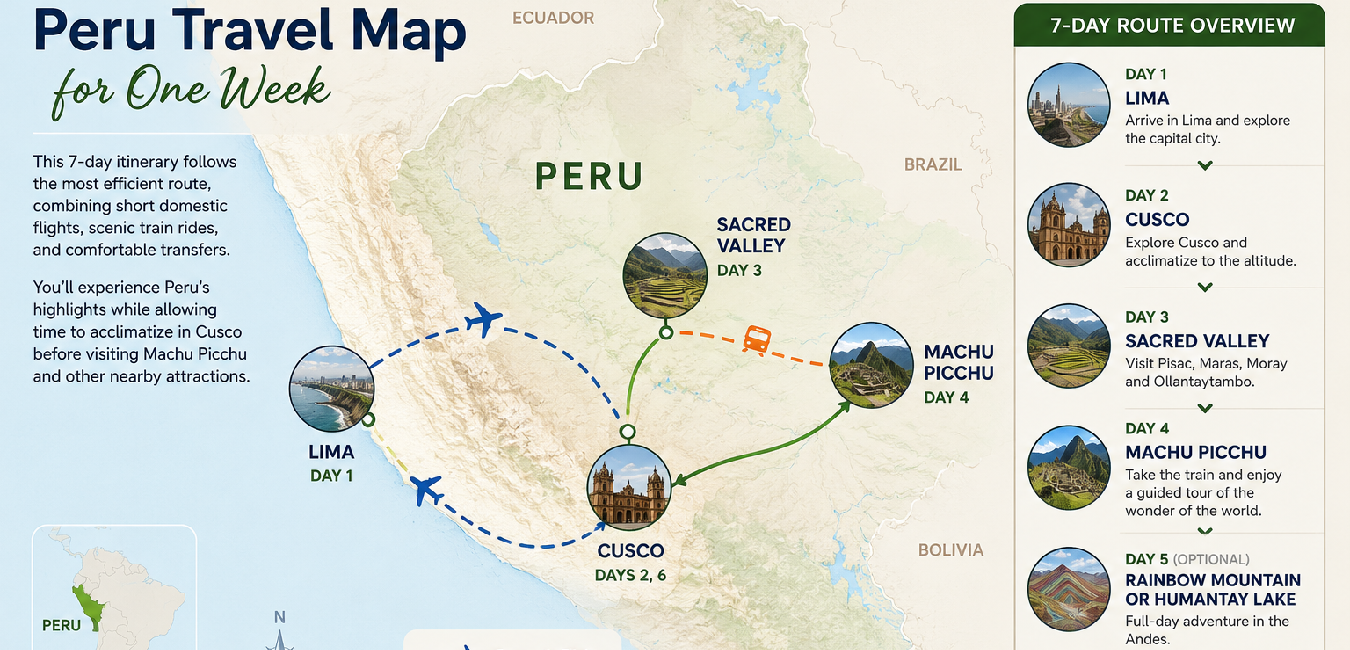 Travel infographic of a one week in Peru itinerary featuring Lima, Sacred Valley, Cusco, and Machu Picchu