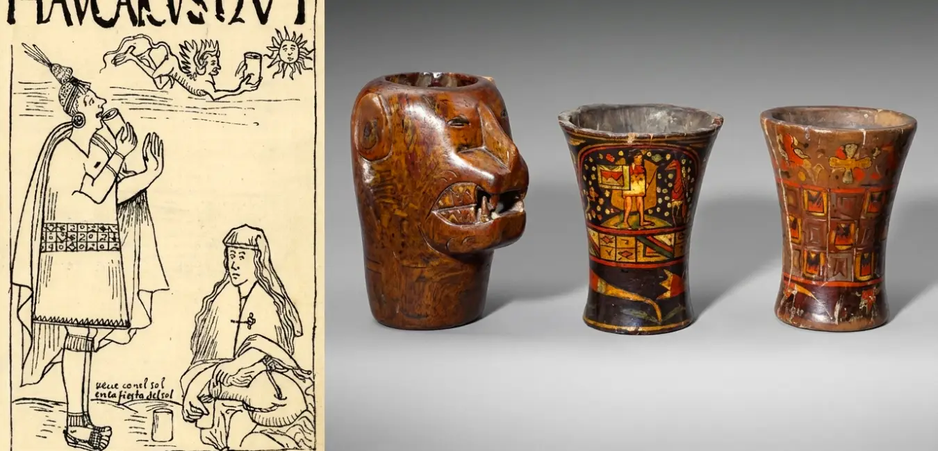 Illustration of the Sapa Inca using a ceremonial kero to toast the Sun God
