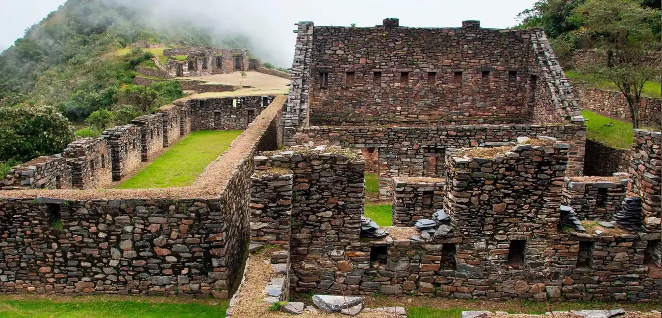 View of Inca stone enclosures at Choquequirao archaeological site 