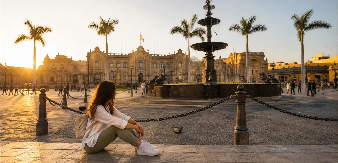 Turista durante un City Tour por Lima en la Plaza Mayor, rodeado de edificios coloniales, la Catedral de Lima y la histórica fuente de bronce.