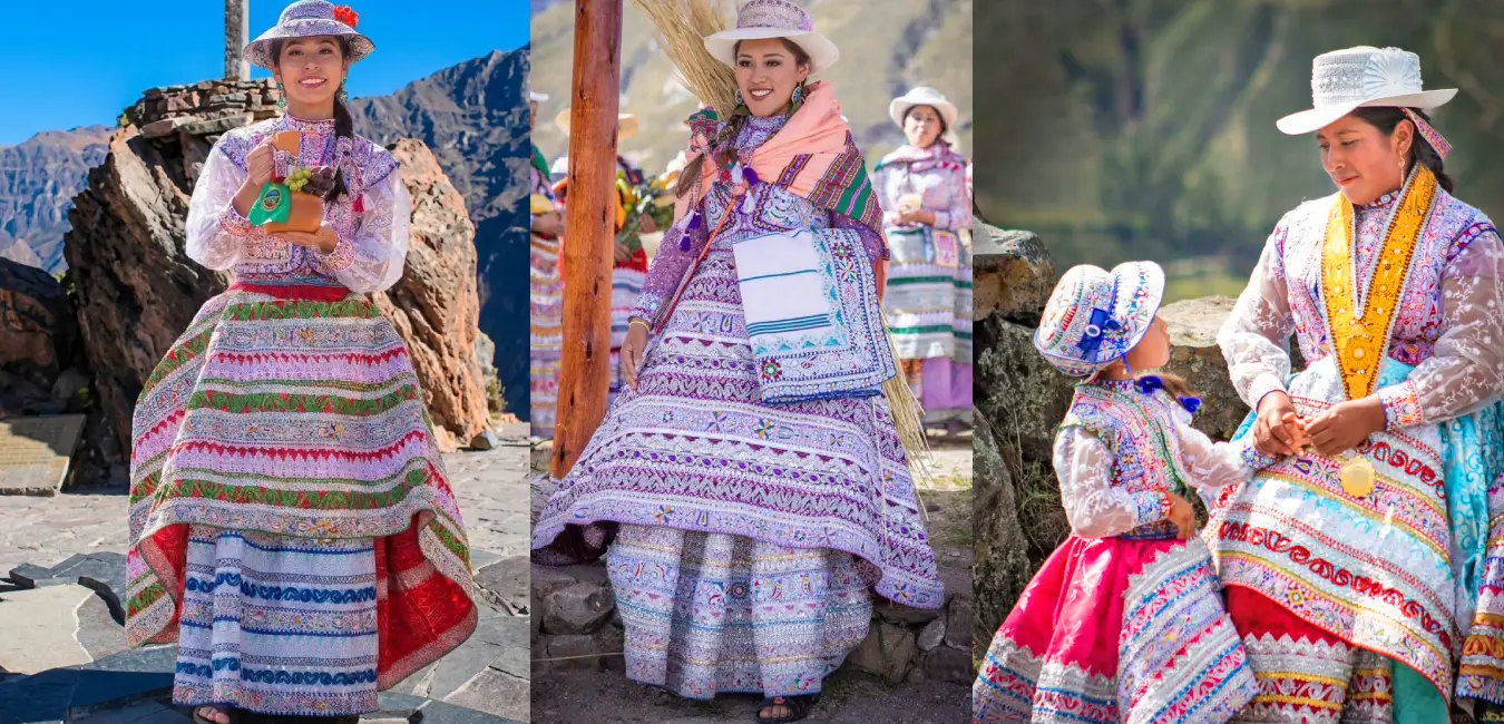 Women from the Collagua and Cabana cultures wearing their colorful traditional clothing in Colca Canyon.
