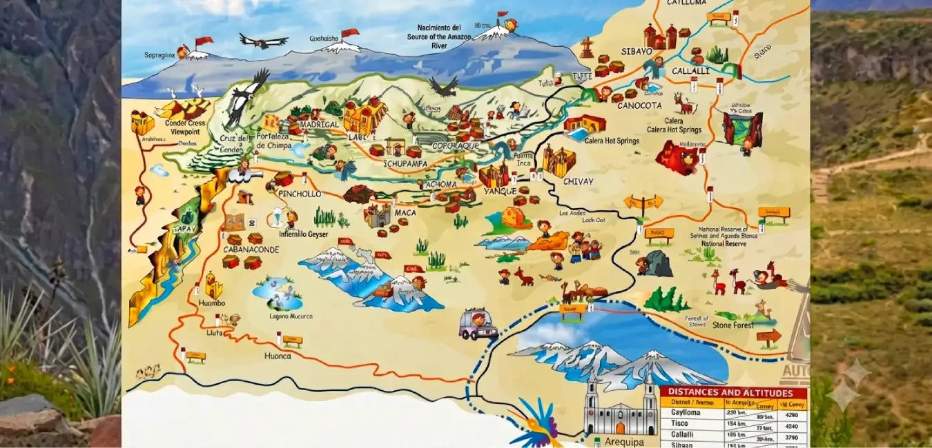 Map of Colca Canyon showing the main attractions throughout the valley.