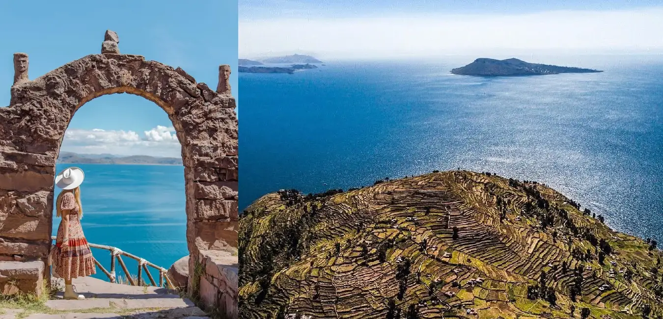 Female traveler enjoying the stunning views of Lake Titicaca near the Uros Floating Islands in Peru  Short Description