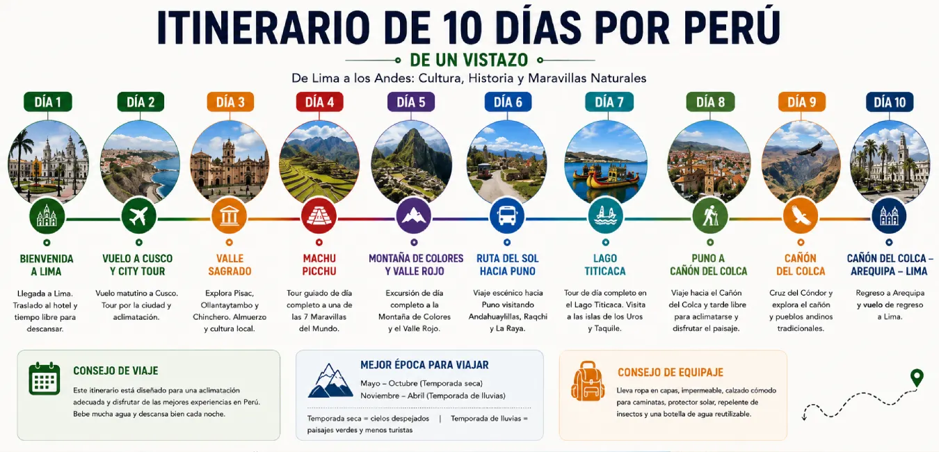 Línea de tiempo del itinerario de 10 días por Perú