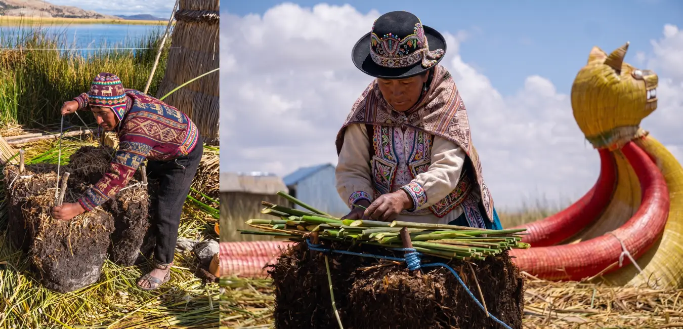 Island residents showing how totora root blocks are joined together to build an island to the desired size