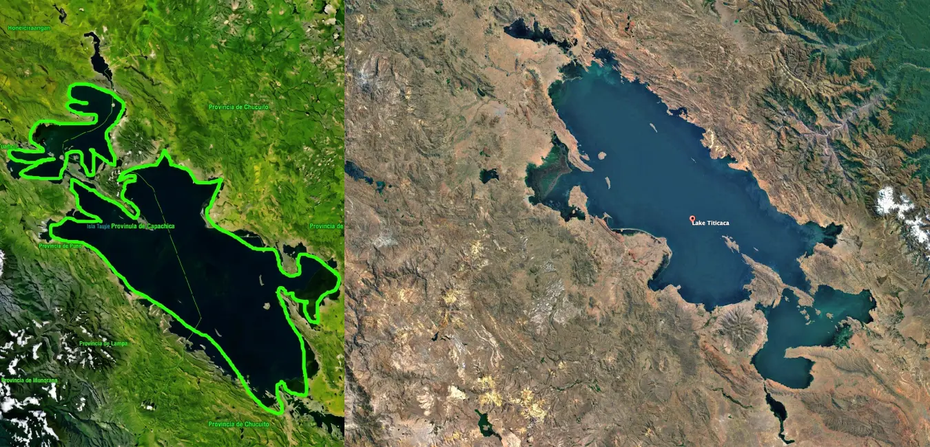 Vista del lago Titicaca desde el satelite en forma de un puma cazando un conejo