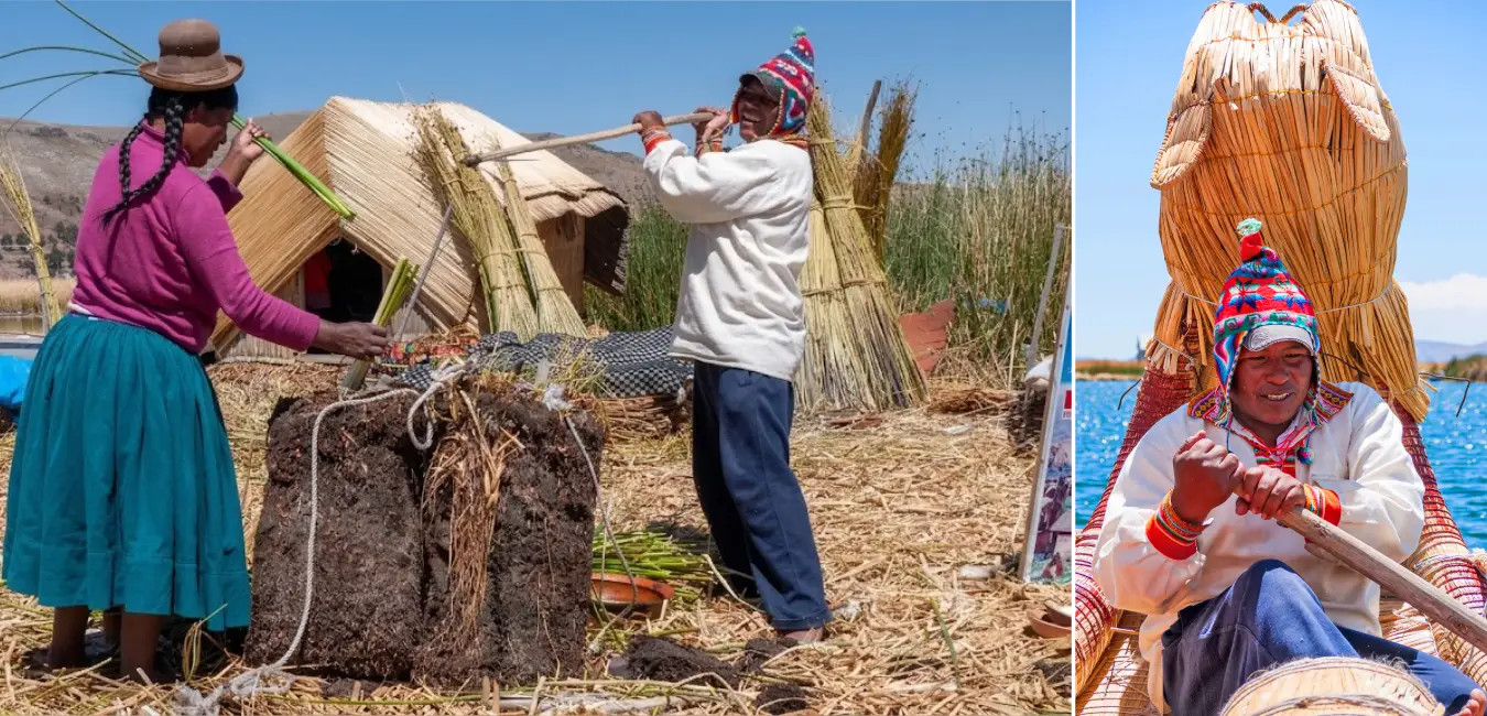 Uros Island residents showing how they secure the floating island to the Lake Titicaca bed using eucalyptus poles