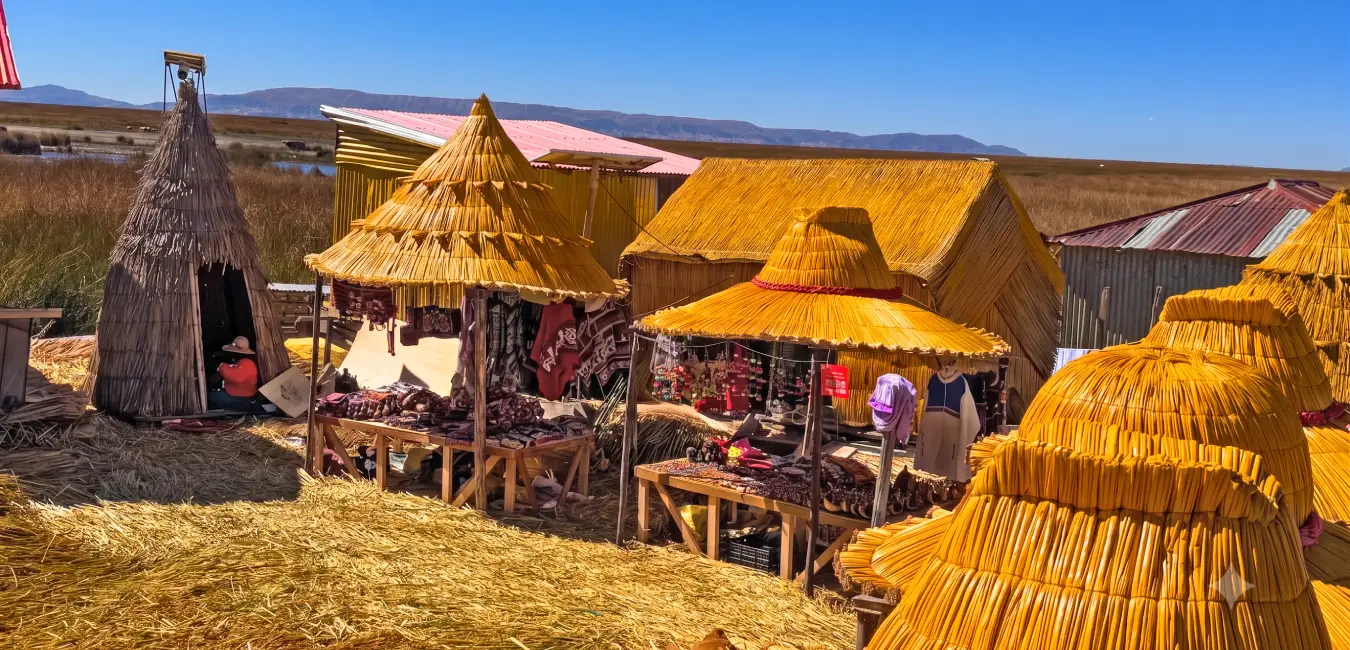 Photograph showing how totora reeds are used on the Uros Floating Islands