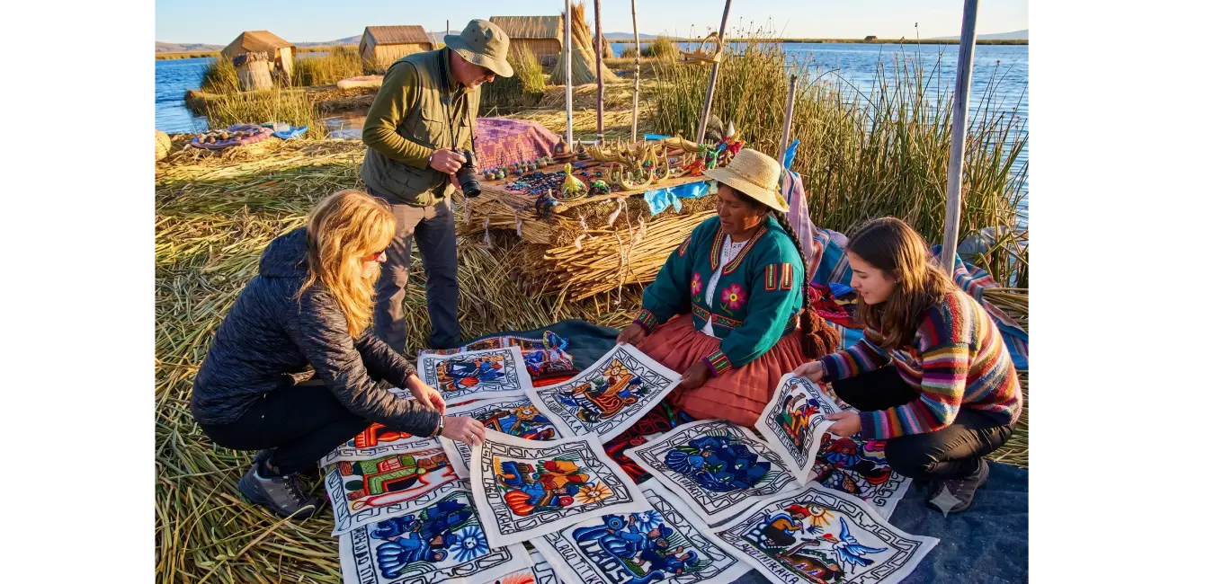 International travelers buying textiles inspired by the creation stories and gods of Lake Titicaca
