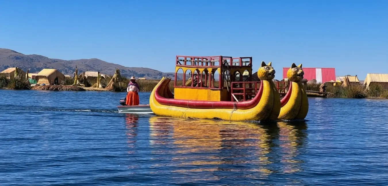 Puma shaped totora reed boat sailing across lake Titicaca