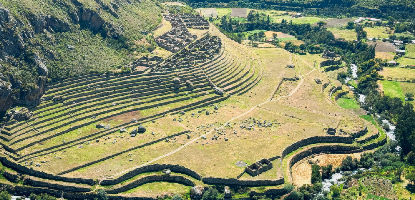 Panoramic view of Llactapata Archaeological Site on the Classic Inca Trail, an ancient Inca agricultural center and part of the Qhapaq Ñan near Machu Picchu, Peru.