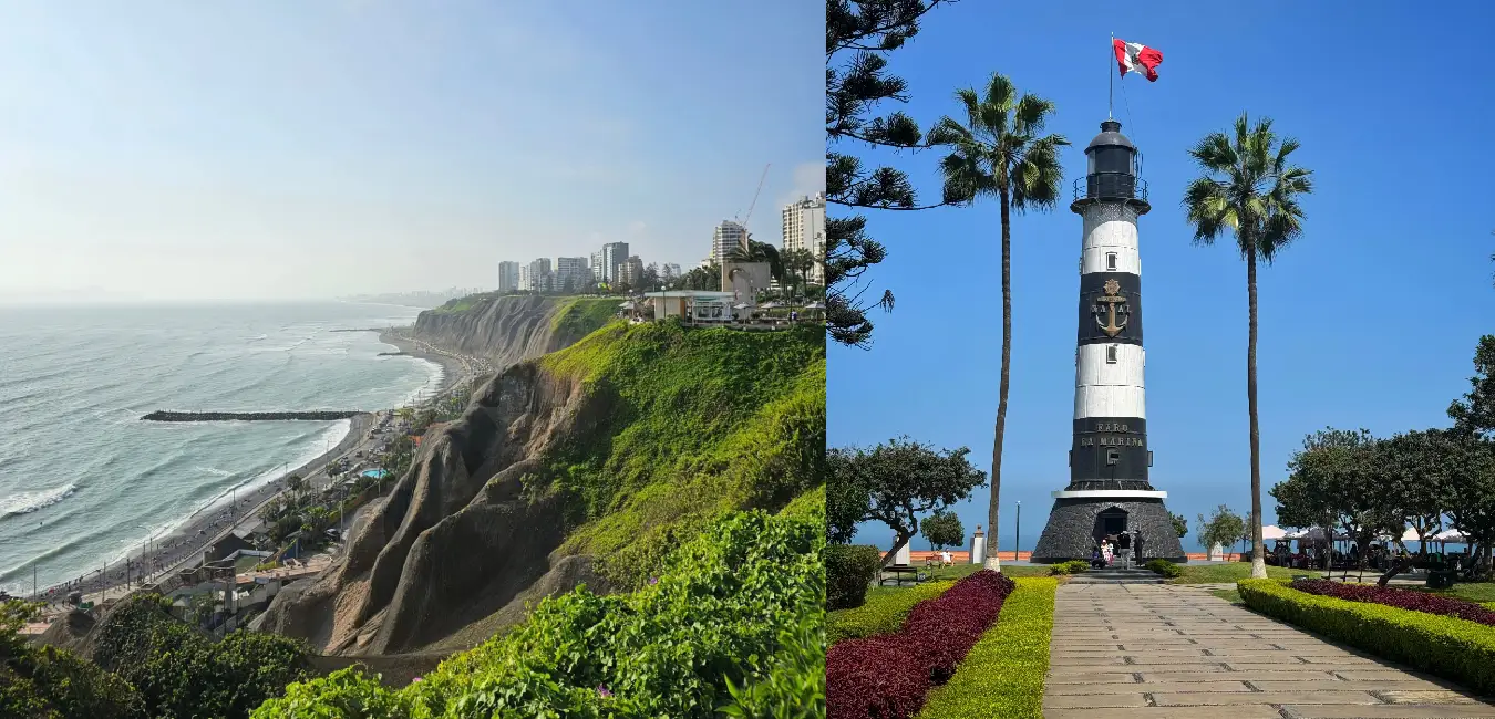 Vista panorámica del Malecón de Miraflores en Lima con el océano Pacífico, parques y senderos, uno de los principales atractivos turísticos para quienes visitan Perú por primera vez.