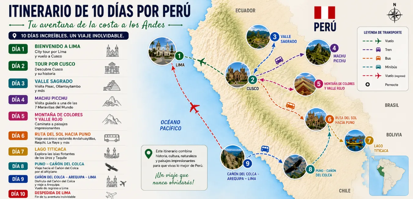 Mapa del itinerario de 10 días por Perú que muestra la ruta desde Lima hasta Cusco, el Valle Sagrado, Machu Picchu, la Montaña de Colores, el Lago Titicaca y el Cañón del Colca.