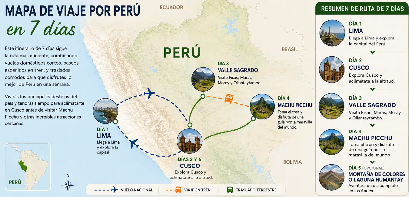 Mapa del itinerario de 7 días por Perú que muestra la ruta desde Lima hasta Cusco, el Valle Sagrado y Machu Picchu, con vuelos nacionales, viaje en tren y traslados terrestres recomendados para viajeros primerizos.