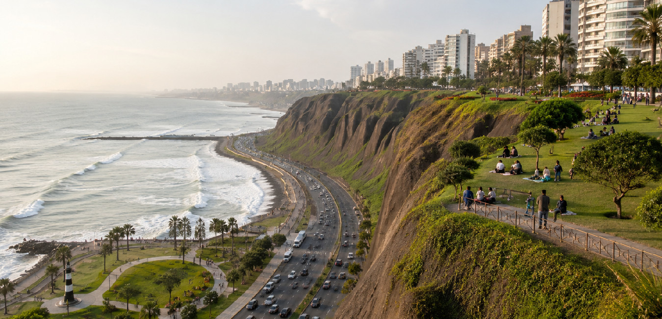 Miraflores Coastal Cliffs and Pacific Ocean View in Lima, Peru