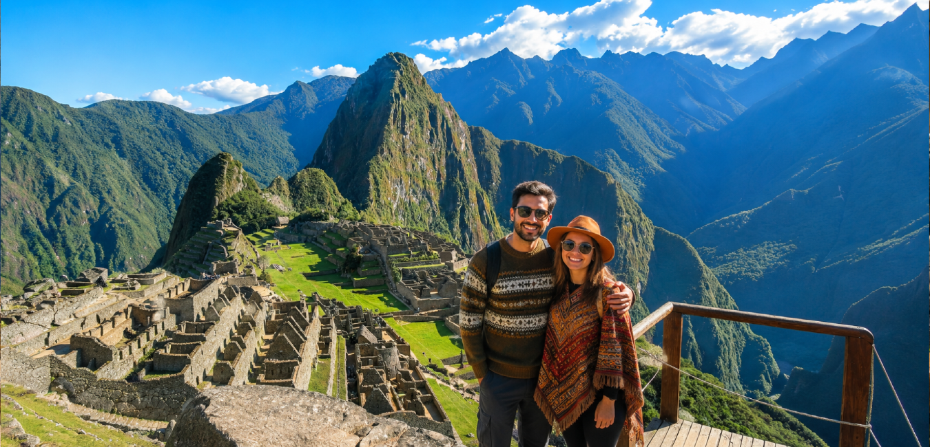 Travelers enjoying the panoramic viewpoint overlooking Machu Picchu and Huayna Picchu in the Peruvian Andes.