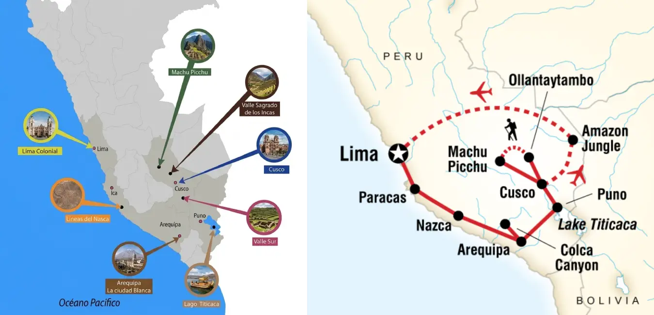 Peru tourist map showing popular travel routes 