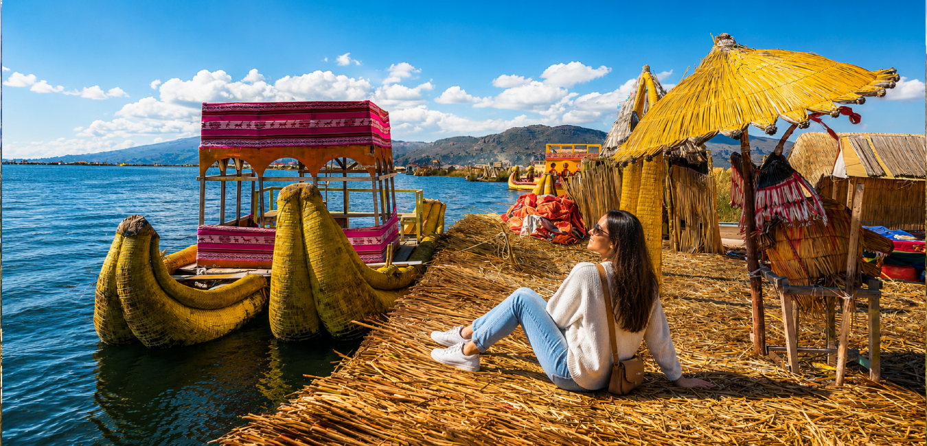 Traveler relaxing on a traditional Uros floating island surrounded by reed boats on Lake Titicaca, Peru