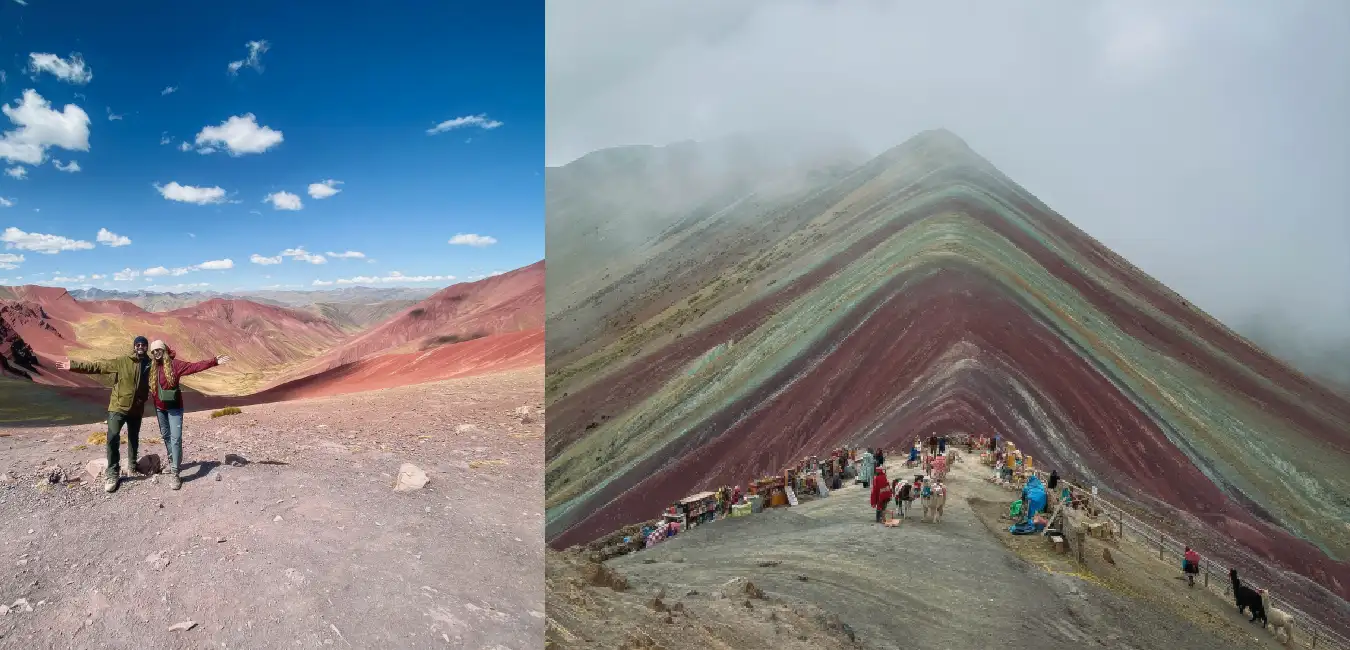 Panoramic view of Rainbow Mountain (Vinicunca) with its colorful mineral layers in the Peruvian Andes near Cusco.