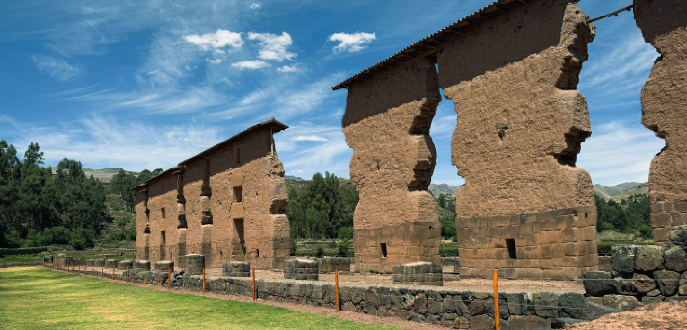 Panoramic view of the Temple of Wiracocha at the Raqchi archaeological site near Cusco, Peru.