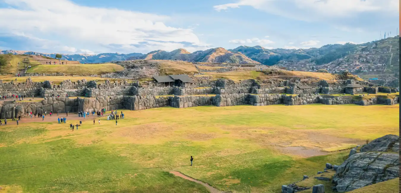 View of the massive Inca stone walls at Sacsayhuaman archaeological site 