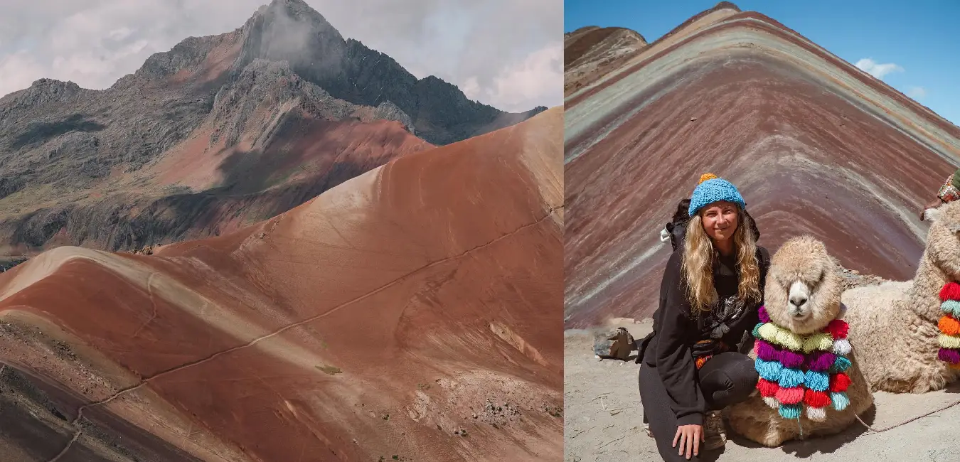 Turista recorriendo la Montaña de Colores (Vinicunca) durante un tour de un día en los Andes de Cusco, Perú, rodeados de paisajes de alta montaña.