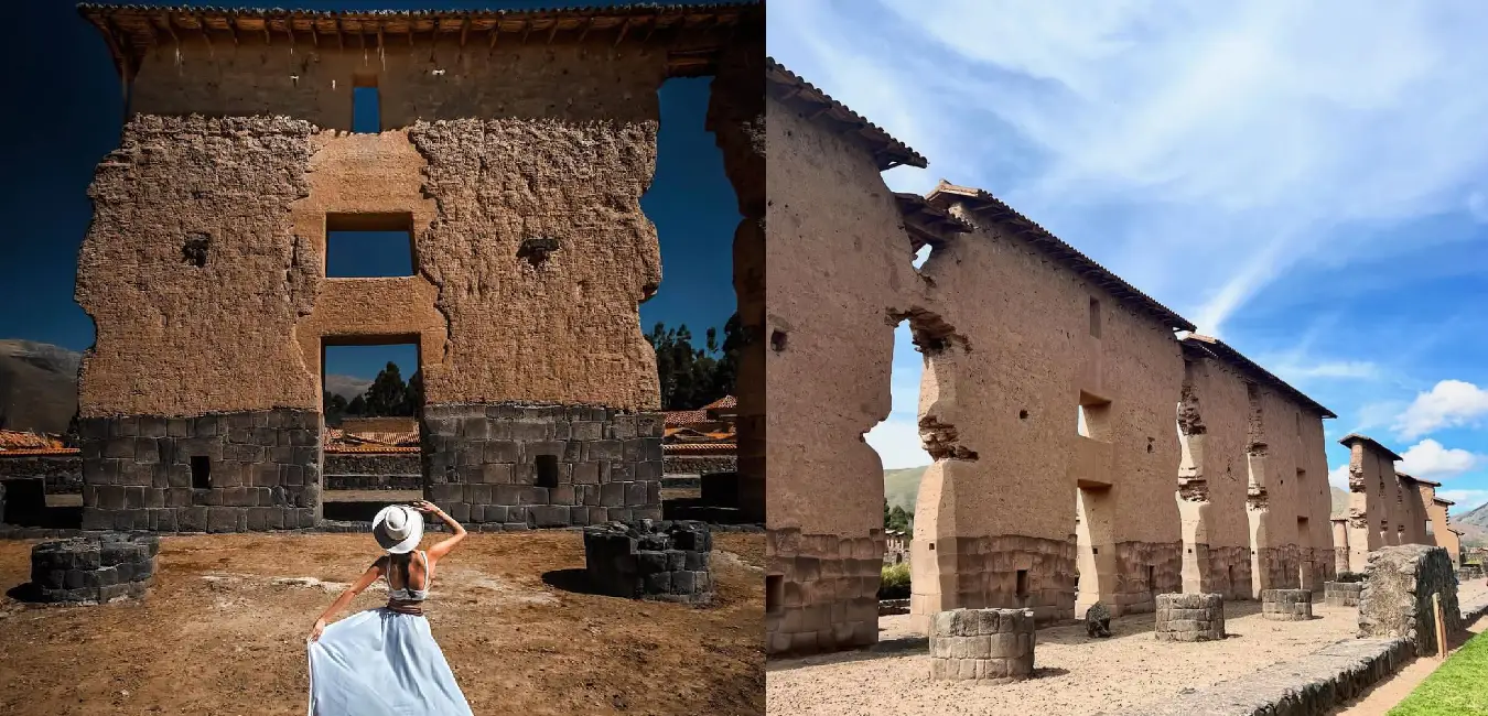 Turistas recorriendo el complejo arqueológico de Raqchi y el Templo de Wiracocha durante un tour por la Ruta del Sol entre Cusco y Puno