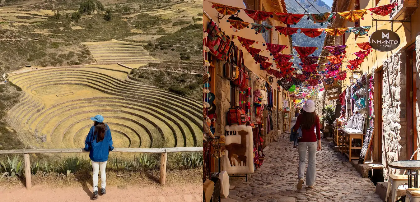 Tourist visiting the circular terraces of Moray and shopping at the traditional artisan market in Pisac, Sacred Valley, Peru