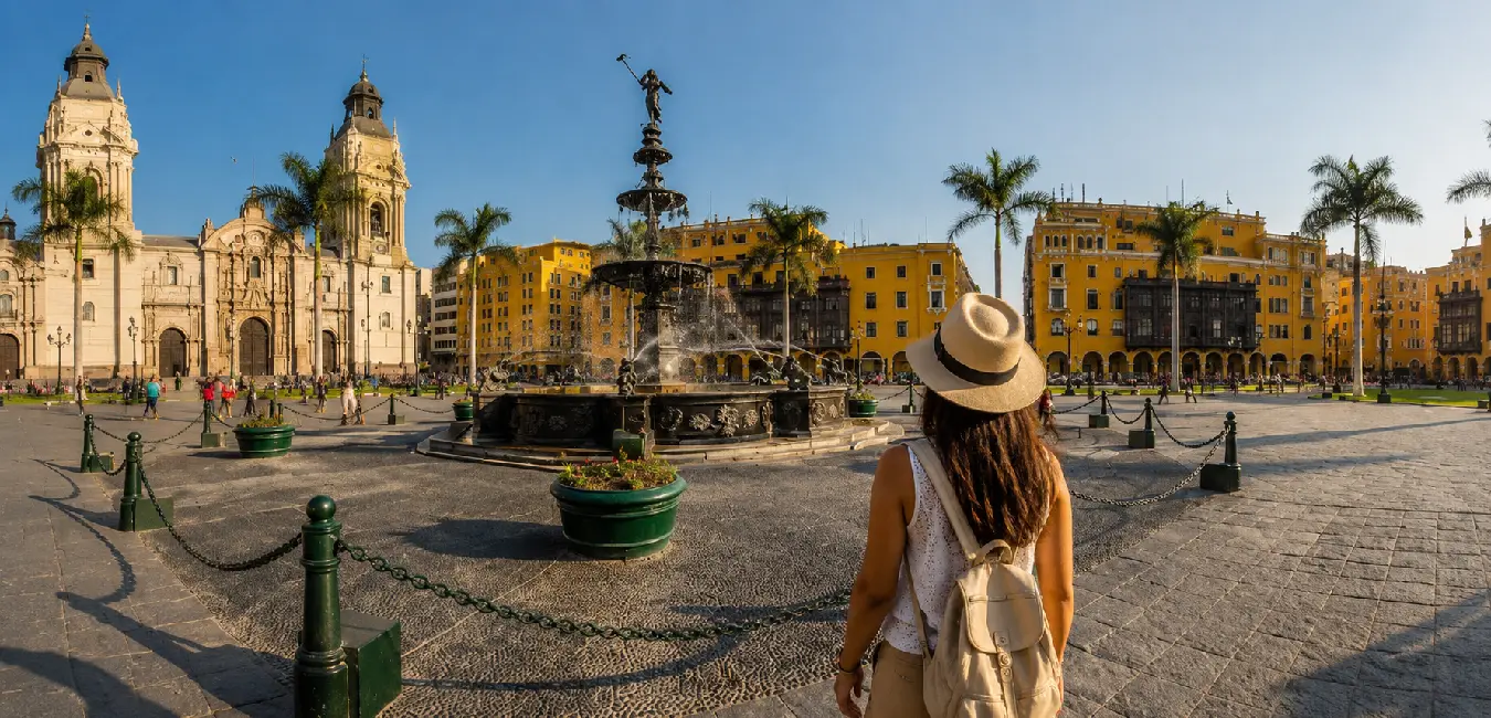 Tourist admiring the historic Plaza Mayor of Lima with the Cathedral of Lima and the iconic fountain in Peru