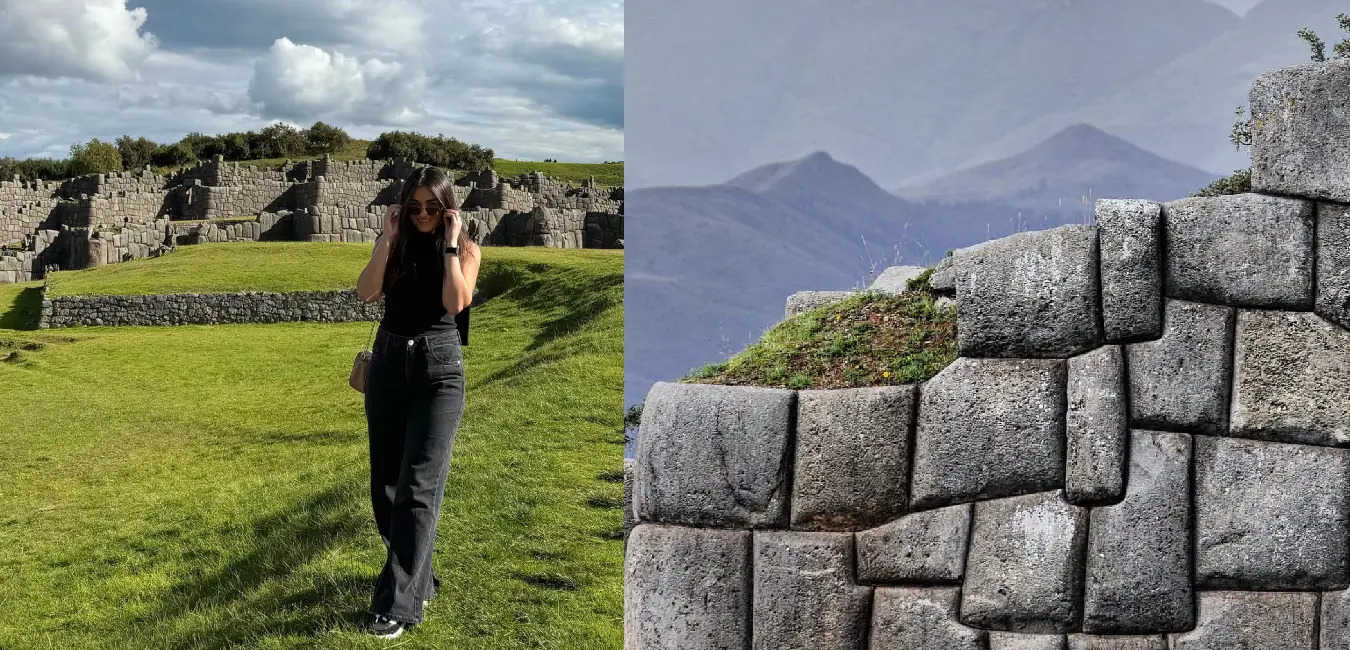Tourist exploring the impressive Inca stone walls of Sacsayhuamán overlooking Cusco, Peru