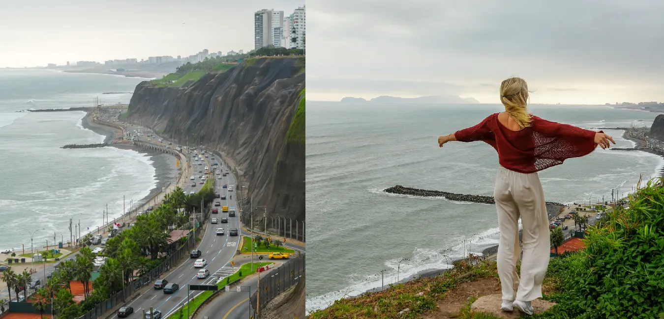 Traveler exploring the Miraflores Boardwalk overlooking the Pacific Ocean in Lima, Peru