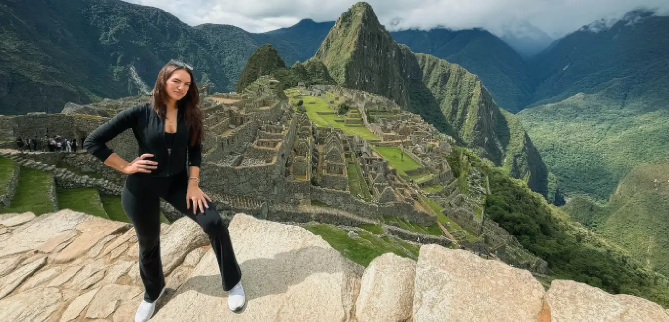Traveler sitting on a stone viewpoint overlooking the ancient citadel of Machu Picchu and Huayna Picchu Mountain under a dramatic sky in Cusco