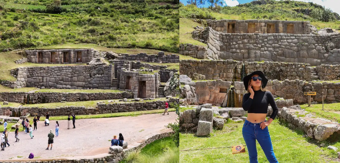 Turista recorriendo Tambomachay en Cusco mientras admira las antiguas fuentes de agua y la arquitectura inca, una parada imprescindible durante un city tour por Cusco.