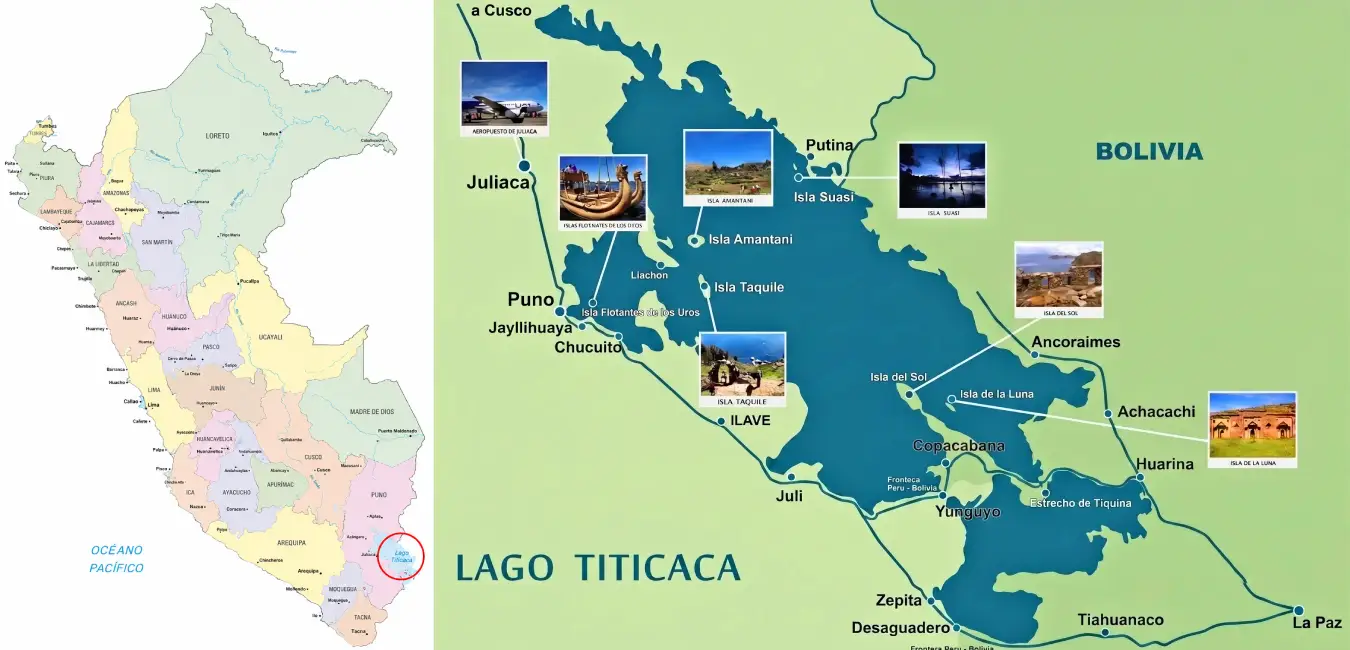 Ubicacion y limite del lago Titicaca en territorio peruano
