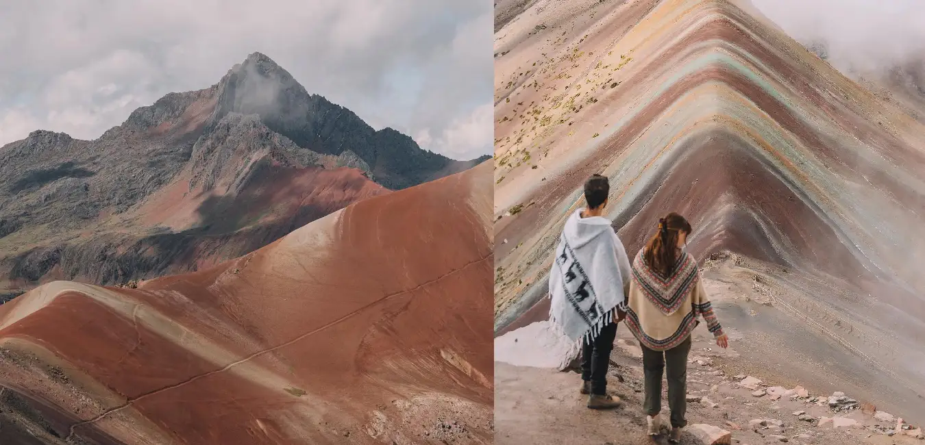 Tourist standing on Rainbow Mountain with panoramic views of the colorful Andes in Cusco, Peru