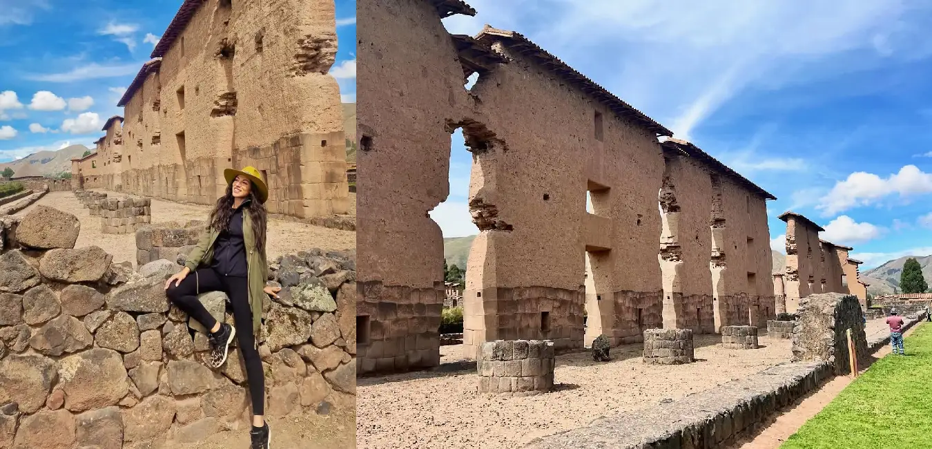 Female traveler exploring the Temple of Wiracocha at the Raqchi Archaeological Site in Cusco, Peru