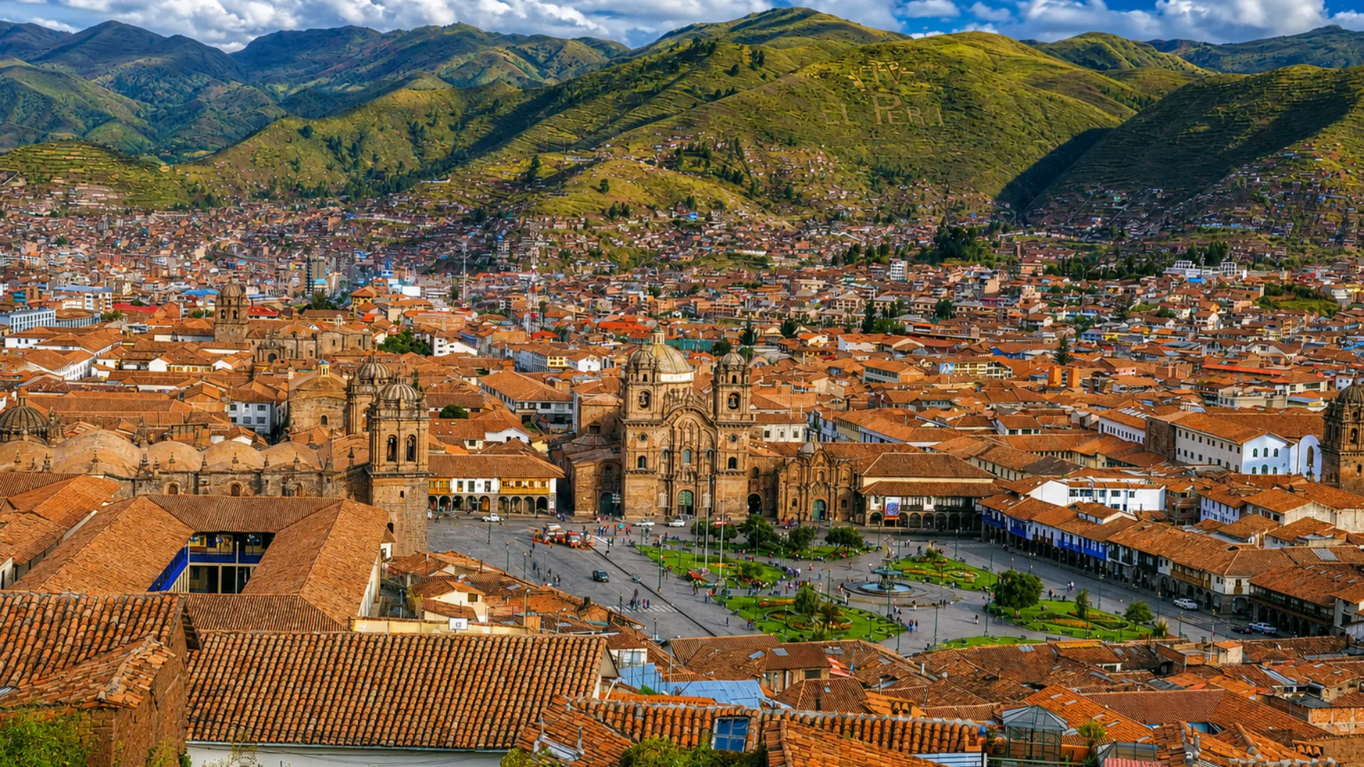 Cusco Peru historic center and Plaza de Armas surrounded by the Andes