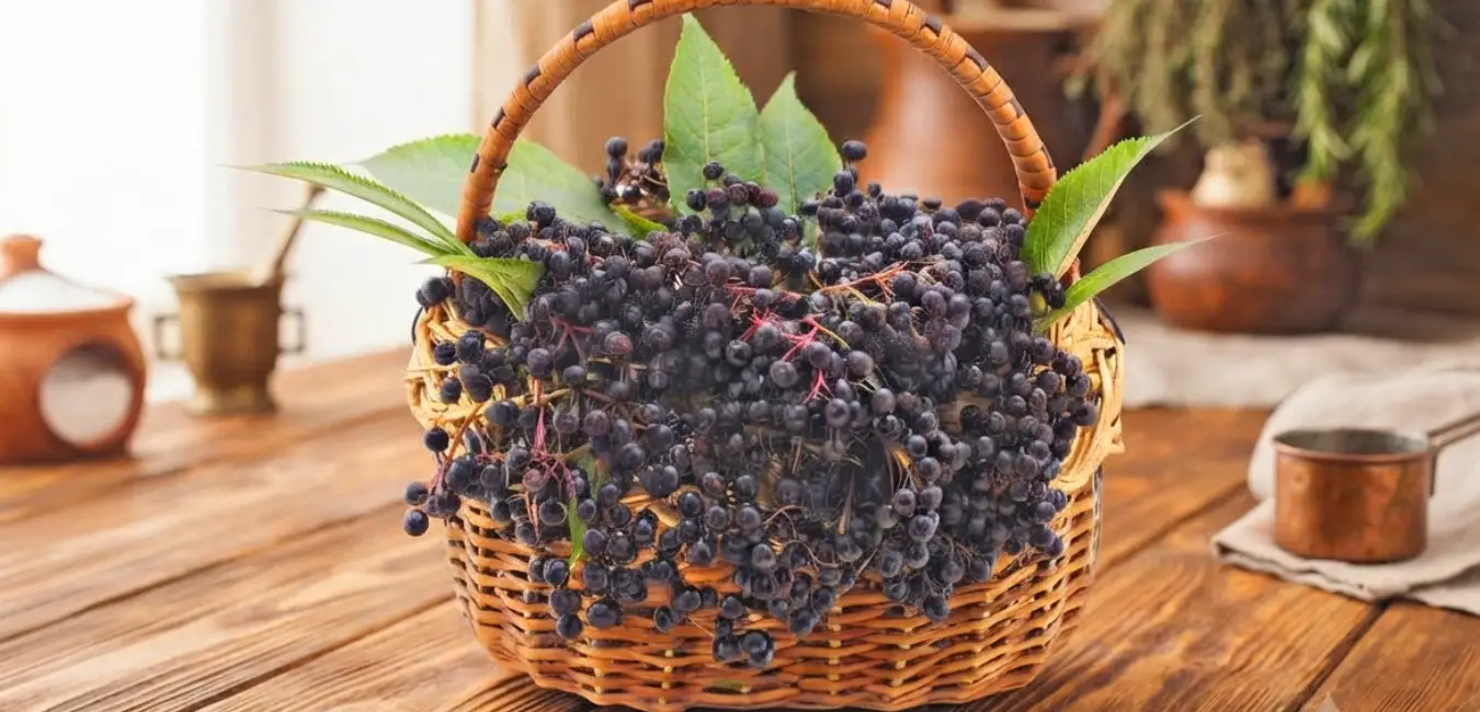  ripe black elderberries in a basket