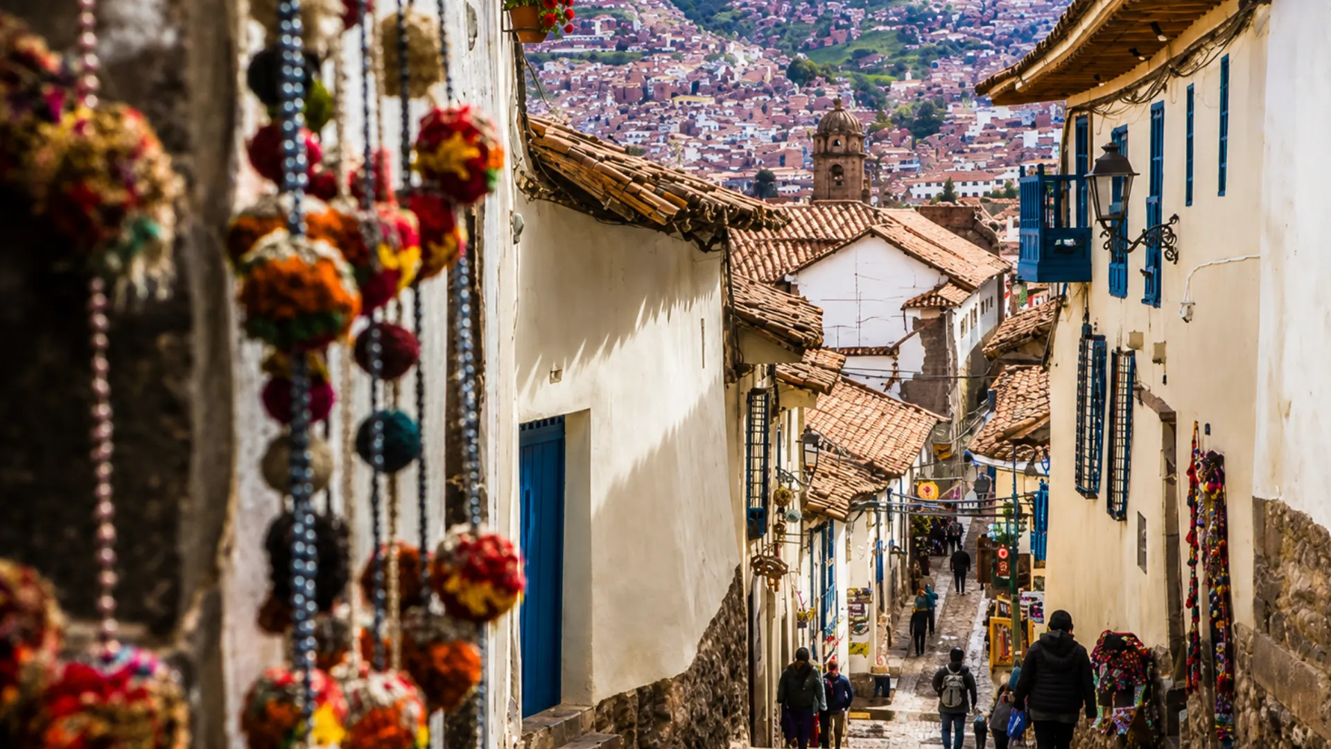 Inca stone walls and colonial architecture in Cusco Peru